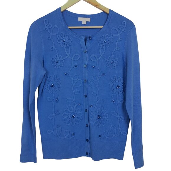 Charter Club Vtg Y2K Knit Cardigan Sweater Small Soutache Trim Baubles Blue - Picture 2 of 9